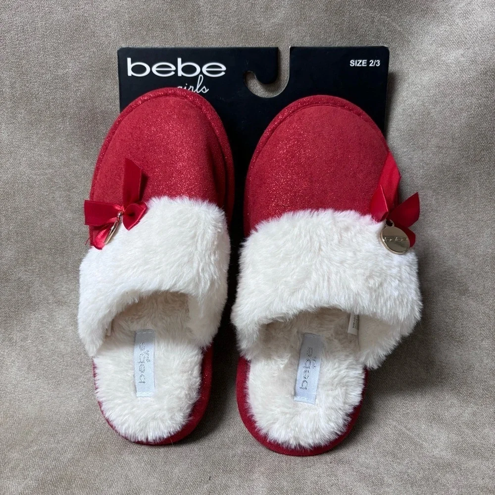 Bebe Girls Red Glitter Soft Slippers Sz 2/3